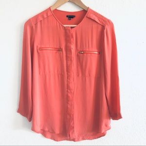 Theory Silk Salmon Zipper Button-Down Shirt Small
